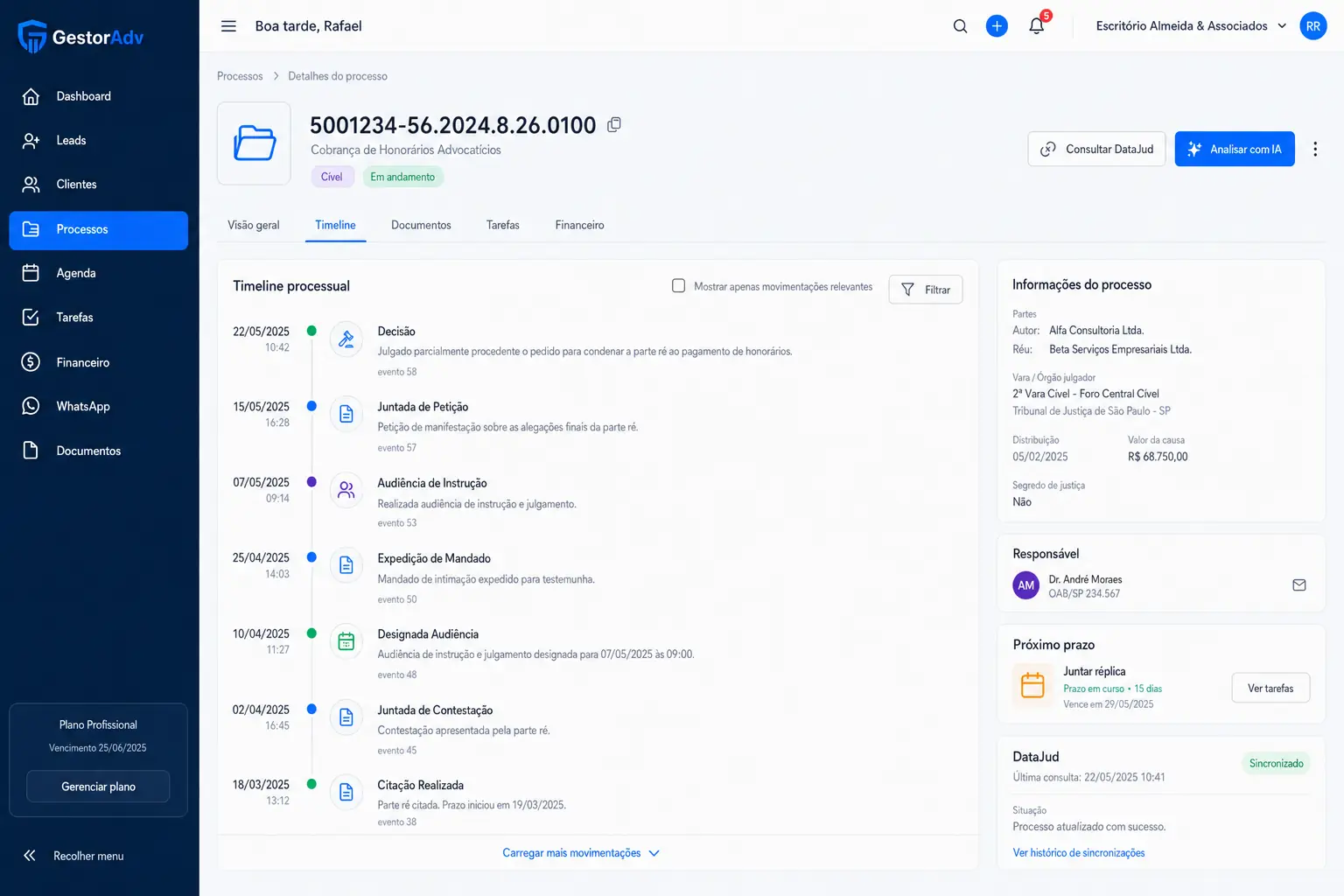 Timeline e consulta processual no GestorAdv
