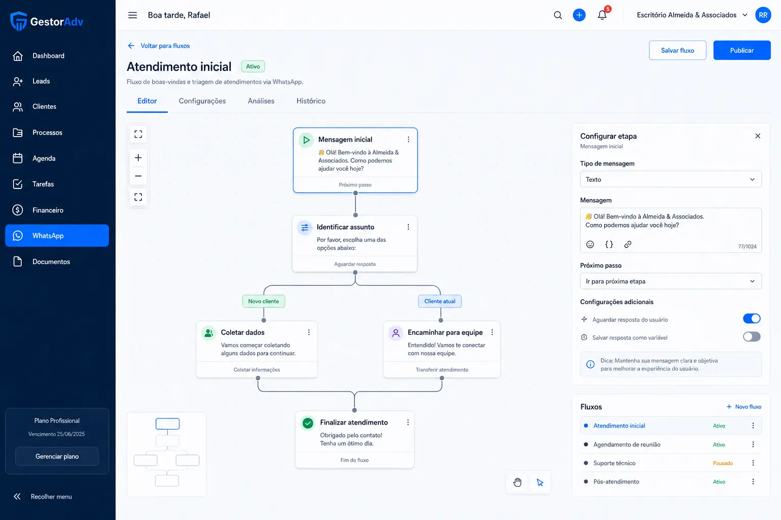 Editor de fluxos do chatbot jurídico no WhatsApp